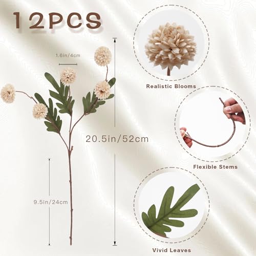 12Pcs Fake Kiku Flowers, Artificial Small Chrysanthemum Balls with Stems, Faux Silk Mini Pompon Mums for Vase Floral Arrangement DIY Bouquets Wedding Party Table Centerpieces Home Decor (No Vase) - color: Champagne