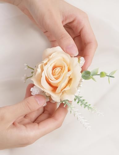 Alizeal 2Pcs of Wrist Corsage and Boutonniere Set, Artificial Flowers Accessories Suit Decor for Wedding Prom Party Homecoming Ceremony, Champagne - color: 701-champagne