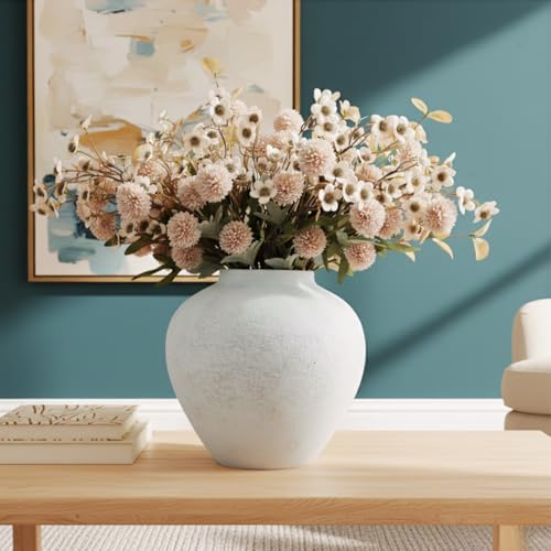 Beige Silk Flower Arrangements Home Decor, Large Floral Centerpieces For Tables, 22 Long Stems Fake Mums + Eucalyptus + Wild Flowers in Bulk, Artificial Flowers Coffee Dining Table, Faux Mums Flowers - color: Beige Wax+kiku