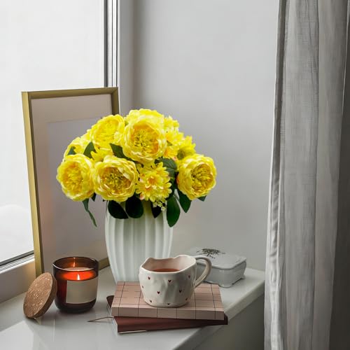 Peonies Artificial Flowers, Fake Peony Bouquet, Realistic Faux Peony Silk Flowers for Wedding, Home Décor, and Table Centerpieces – Ideal for Arrangements and Special Occasions 2 Bouquets (Yellow) - color: Yellow