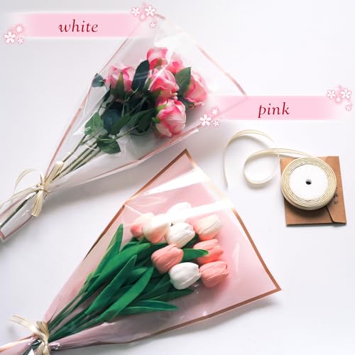 Wzifyf 50 PACK Flower Bags for Bouquets Flower Bouquet Holders Pink Floral Wrapping Paper flower Sleeves Build Your Own Bouquet Bar with 72 Ft Ribbons for Valentine's Day Packaging Supplies - color: Pink, size: bouquet wrap