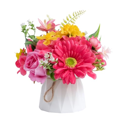 WELL KNOWN Small Fake Flowers in Plastic Vase 7" Centerpieces Coffee Table Decor, Silk Flower Arrangements for Home Decor Indoor Artificial Flower Bouquet for Dining Room Kitchen Wedding Yellow Pink - color: Pink & Yellow
