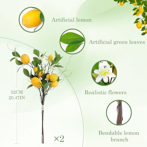 dallisten 2 Bunches Artificial Lemons Branches, 16 Heads Fake Lemon Branches with Lemons for Vase, Realistic Fake Lemon Decoration for Farmhouse Style Party Table Centerpiece and Home Decor - color: Yellow