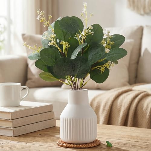 Artificial Eucalyptus Greenery Stems in Ceramic Vase,10Pcs Fake Plants Eucalyptus Leaves faux Plants for Centerpiece Table Decorations Home Room Decor office desk decor Greenery Decor indoor (White) - color: White