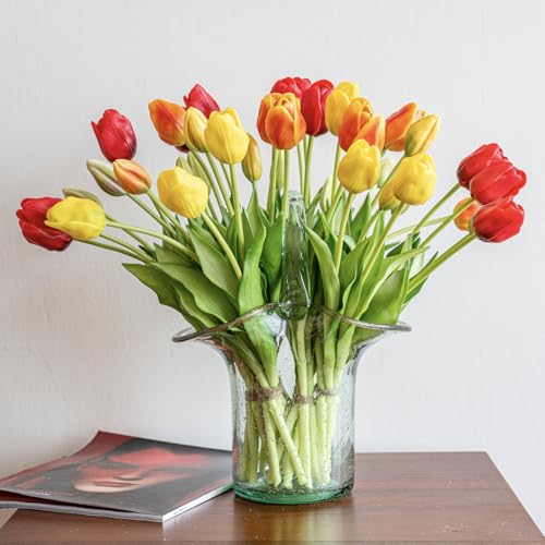 DUYONE 40pcs Artificial Tulips Flowers,Soft Touch Latex Bouquet,Fake Tulips for Office Wedding Party Home Kitchen Garden Decoration - color: 40pcs Red Set (No Vase)