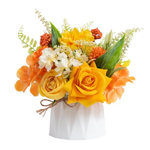 WELL KNOWN Small Fake Flowers in Plastic Vase, 7" Yellow Orange Silk Flower Arrangements for Home Decor, Indoor Artificial Flower Bouquet Centerpieces for Dining Kitchen Wedding Coffee Table Decor - color: Orange & Yellow