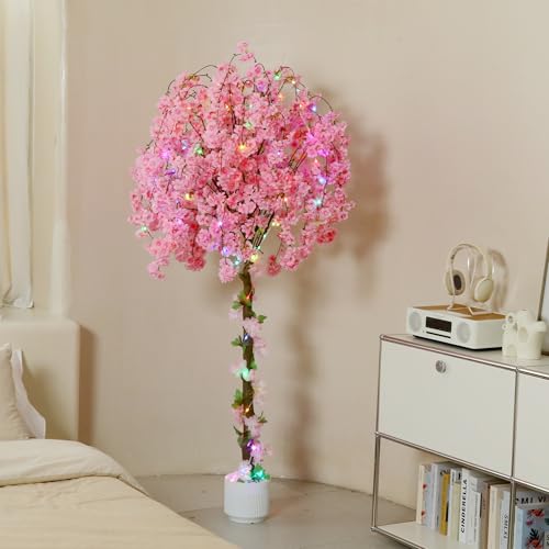 Artificial Cherry Blossom Tree, 6FT Height with 100 LED Lights, Faux Silk Plant in Pot for Home, Office, Wedding, Garden, Party, and Hotel Decorations (Pink, 6FT) - color: 6ft Pink Cherry