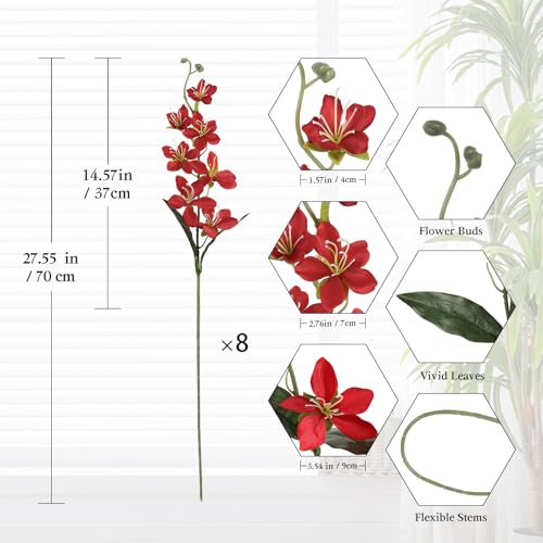 8PCS Orchids Artificial Flowers 27.5" Long Stem Silk Orchid Flowers Faux Orchids Stems Plant for Tall Vase Home Garden Indoor Outdoor Wedding Baby Shower Party Table Floor Centerpiece Decor (Red)