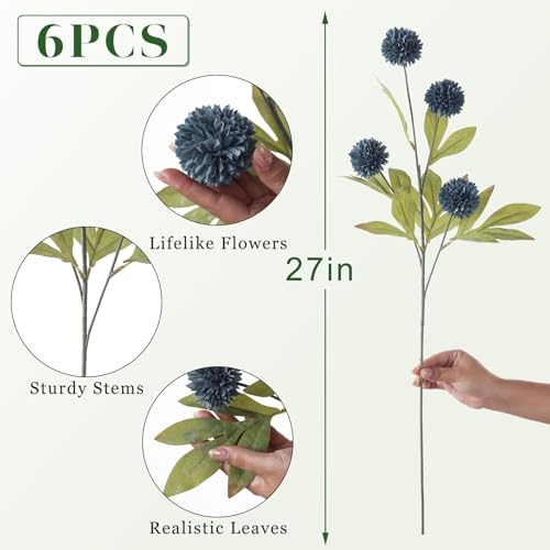 VIERENA 6 Pcs Faux Silk Pompon Mum Artificial Flowers for Vase -27", Bulk Fake Chrysanth Branches with Stems for DIY Bouquet Centerpieces Wedding Fillers Arrangements Shower Decorations (Dark Blue) - color: Dark Blue