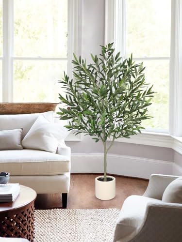 Hollyone Faux Olive Tree with Pot 4.2FT Small Fake Olive Tree Indoor 50.4inch with Natural Wood Trunk and Lifelike Fruits Potted Artificial Tree Plant Home Office Modern Housewarming Decoration Gift - color: Green - 4.2 Ft