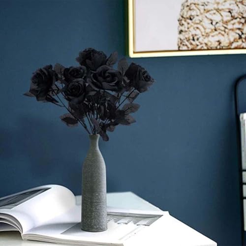 Laelfe 12 PCS Artificial Flowers Black Roses, Fake Silk Flower Long Stem Artificial Rose for Home Wedding Party Decorations(Black Halloween) - color: Solid Black