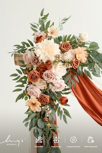 Ling's moment Fall Artificial Wedding Arch Flowers Kit Pack of 4, 2pcs Hanging Flower Arrangement 2pcs Drapes Ceremony Rose Arbor Backdrop Brunt Orange Terracotta Floral Party Autumn Outdoor Decor - color: Sunset Terracotta New