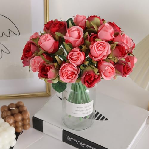 Jasion Artificial Roses Fake Flowers 12 Heads Arrangement Silk Bouquet for Home Office Parties Bridal and Wedding Decoration (Red and Pink) - color: Red With Pink