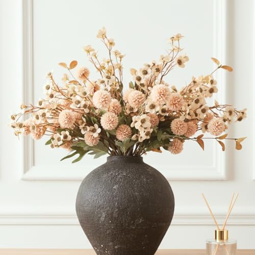 Beige Silk Flower Arrangements Home Decor, Large Floral Centerpieces For Tables, 22 Long Stems Fake Mums + Eucalyptus + Wild Flowers in Bulk, Artificial Flowers Coffee Dining Table, Faux Mums Flowers - color: Beige Wax+kiku
