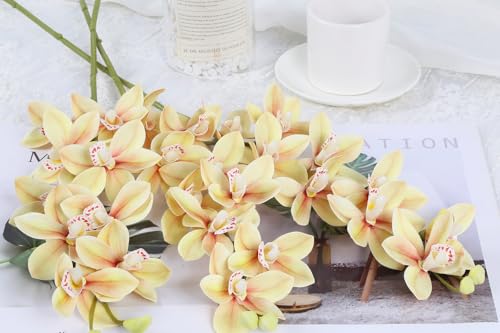 IPOPU 5 Pcs Real Touch Faux Orchid Champagne Orchid Artificial Flowers with Long Stem for Wedding Party Centerpiece Bridal Bouquet DIY Home Living Room Decoration - color: Champagne