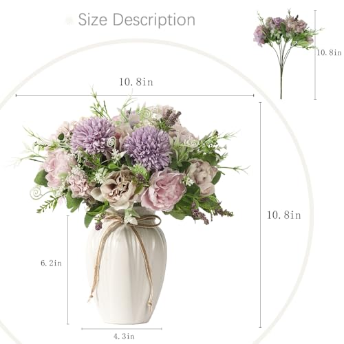 Peonies Artificial Flowers in Vase, Fake Hydrangea Silk Peony Flower Bouquet with Vase Faux Flowers Arrangement Decor Home Table Dining Room (Purple) - color: Purple