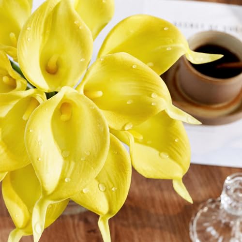 Artificial Calla Lily 12Pcs Yellow Real Touch Faux Flowers for Wedding Bouquet, Bride Bridal Shower, Spring Home Kitchen Table Decor, Fake Lilies for Centerpieces, Party Decorations - color: Yellow
