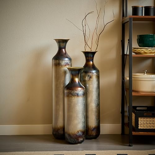 Metal Decorative Vase Tall Floor Centerpiece Antique Vases for Living Room, Set of 3 Vases for Home Decoration 28", 24", 20" Height, Steel Gray - color: Floor Vases Steel