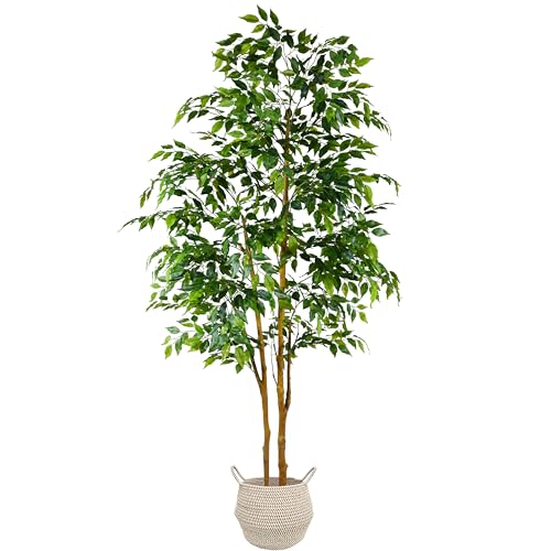 Warmplants Artificial Ficus Tree, 7ft Silk Fake Ficus Leaves Plant with Basket, Indoor Outdoor Faux Green Tree for Home Garden Office House Livingroom Décor - color: Ficus, size: 7ft
