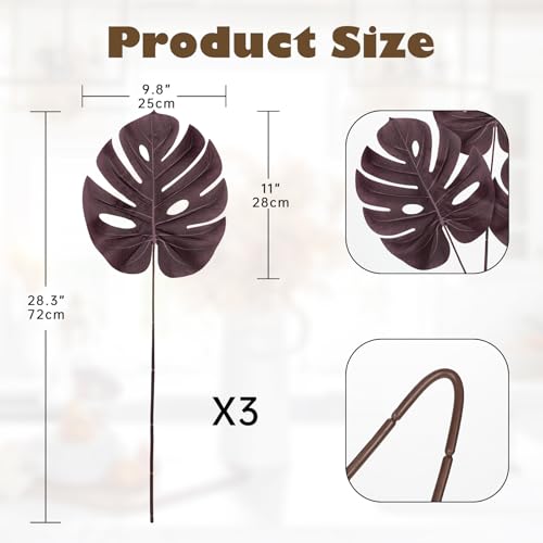 DILATATA Artificial Monstera Leaves with Stems 28" Fall Faux Tropical Leaf Burgundy Silk Monstera Leaves Fake Palm Branches for Home Fireplace Farmhouse Centerpieces Thanksgiving Wedding Autumn Décor - color: 28“ Monstera#burgundy Silk 3pcs