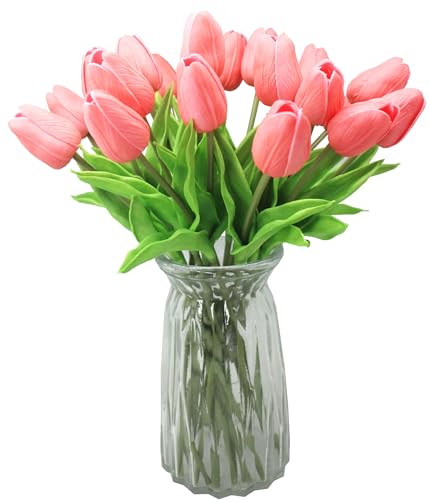 10-Heads Artificial Flowers PU Mini Real Touch Tulip Bouquets for Home Wedding Party Centerpiece Decoration (Coral) - color: Coral