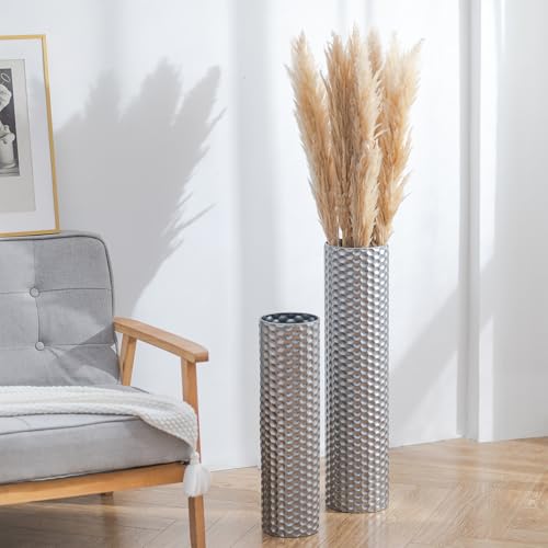 Sziqiqi Silver Tall Floor Vase: 27.6/21.7in Metal Cylinder Vases Extra Large Decorative Vase Set of 2 Living Room Modern Honeycomb Texture Big Standing Decor for Dining Bedroom Home Corner Indoor - color: Silver