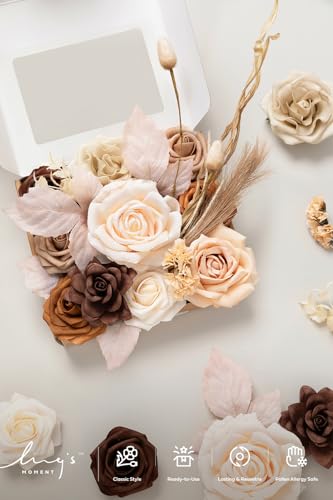 Ling's moment Fake Flowers Box, Faux Artificial Greenery Stems Foam Roses Gardenia Silk Peony Pampas Fabic Flower for Centerpieces Bouquet Wedding Vase Floral Decorations, Boho & Sepia, Mini Combo - color: Boho & Sepia