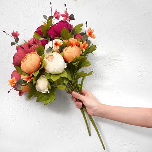 FiveSeasonStuff Sunset Whisper Artificial Peony & Hydrangea Bouquets, 2 Silk Flower Bundles with 2 Gold Taper Candle Holders, Cream Apricot & Berry Red Centerpiece for Home & Wedding Tables - color: Sunset Whisper