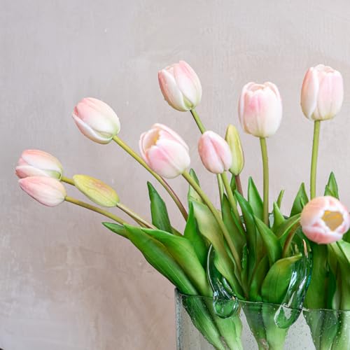 Artificial Tulips Flowers,Soft Touch Latex Bouquet, Fake Tulips,Spring Wedding Home Room Table Centerpiece Decor - color: 15pcs Powder Pink(no Vase)