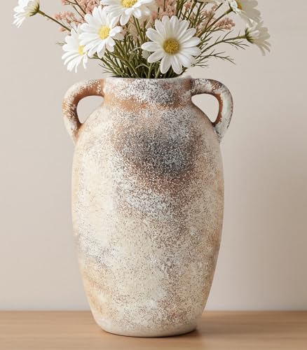 Ceramic Flower Vase, 9.8" Rustic Farmhouse Vase with Glazed Interior, Decorative Pottery Vase for Fresh Flowers, Eucalyptus, Dining Table Centerpiece, Entryway and Mantel Decor - color: Rustic-6.7"l X 6.9"w X 9.8"h