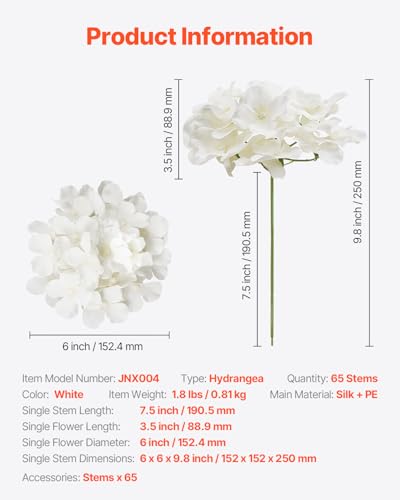 VEVOR Artificial Flowers, 65 pcs Real Looking White Silk Fake Hydrangea Bulk, White Faux Bridal Shower with Stems for DIY Wedding Bouquets, Home Centerpieces Arrangements, Party Tables Decorations - size: 65 PCS