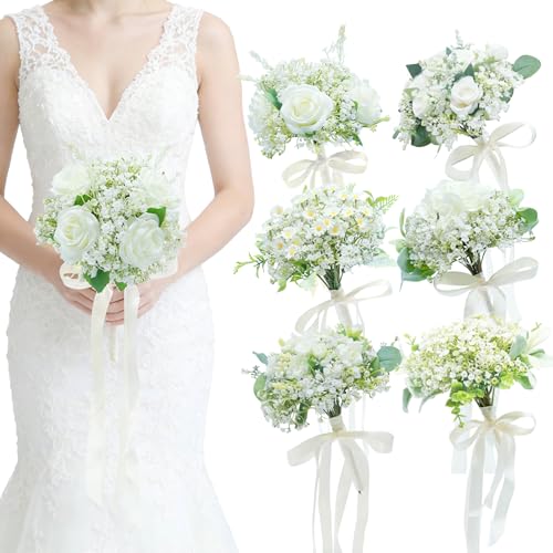 Artificial Bridesmaid Bouquets Set of 6 - Ivory White 9 Inch Various Flower Bouquet for Wedding Party Ceremony Anniversary Dinning Table Centerpieces Decor Faux (with Ribbon) - color: Various