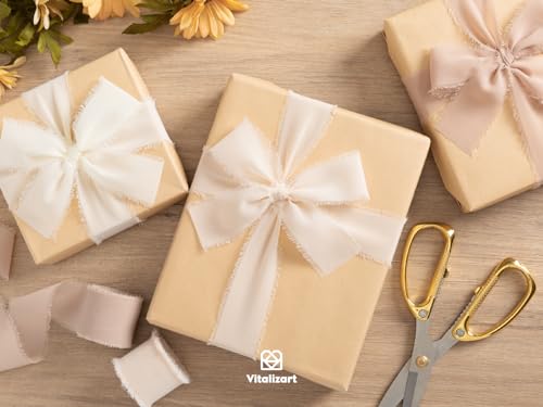 Vitalizart White Handmade Chiffon Silk Ribbon Fringe 1.5" x 21 Yd Nude & Ivory Frayed Edges Ribbons for Wedding Invitations Bridal Bouquets Gifts Wrapping Crafts Holiday Party Decorations - color: Nude & White