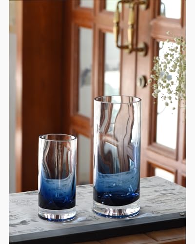 CONVIVA Blue Glass Cylinder Vases for Flowers Set of 2, Modern Hand Blown Thick Ombre Centerpieces, Heavy Coastal Home Decor for Dining Table, Tall and Small 10" & 7" - color: Blue Set of 2