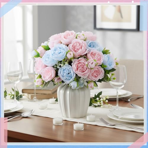 Geosar 8 Bundles Artificial Peonies Flowers Fake Silk Peony Bouquet Faux Peonies Flowers Bulk for Decoration Vase Floral Arrangements Wedding Party Table (Light Pink,Light Blue) - color: Light Pink, Light Blue