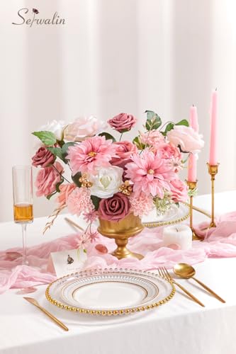 Serwalin Artificial Flowers Wedding Pink Flowers Silk Fake Dahlia Cake Flowers for Wedding Bouquets Table Centerpieces Birthday Party Bridal Baby Shower Home Decorations - color: A Athens Pink Dahlia, size: 1 Box