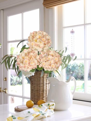 Hollyone 3Pcs Beige Hydrangea Artificial Flowers 28.7" Real Touch Large Faux Silk Hydrangeas Flowers with Stems Fake Flower for Home Wedding Floral Arrangement Centerpiece Table Vase Spring Decor - color: Beige Pink