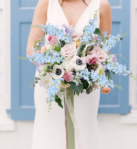 Light Blue Delphinium Artificial Flowers,8PCS Long Stem Fake Larkspur Flowers 33.5'' Faux Delphinium Bulk for Tall Vase Home Wedding Garden Table Decor (Light Blue) - color: Light Blue