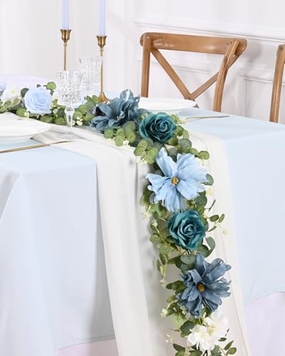 Waipfaru 8.85Ft Flower Garland, Eucalyptus Greenery Garland with Flowers, Rose Floral Vines for Wedding Table Runner Spring Summer Backdrop Decor (Dusty Blue) - color: Dusty Blue-8.85ft, size: 1 Pack