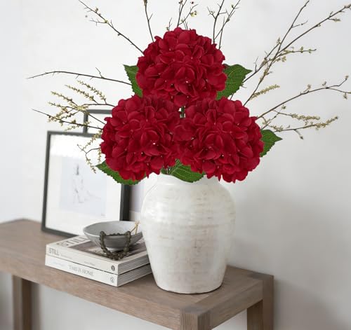 Hollyone 3Pcs Red Hydrangea Artificial Flowers Real Touch Faux Silk Hydrangeas Flowers with Stem Fake Florals Flower for Home Wedding Table Centerpiece Vase Arrangements Decoration - color: Red