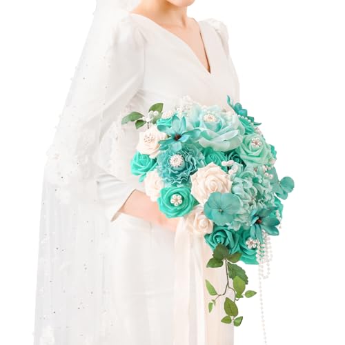 TINGE TIME 11 Inch Wedding Bouquets for Bride, Teal Green & Champagne Artificial Flowers Bouquet, Brides & Bridesmaids Bouquet for Wedding Anniversary Ceremony Bridal Shower Decorations - color: Teal Green & Champange