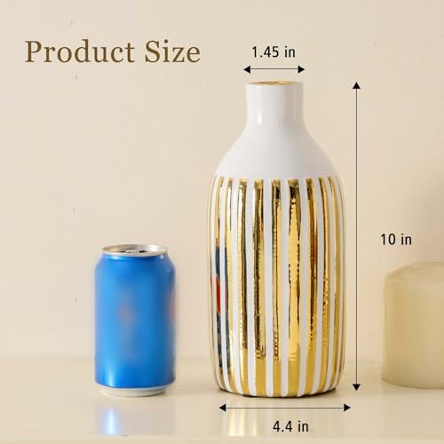 White and Gold Vase, Ceramic Flower vases for Centerpiece, Decorative Flower Vases Vertical Pattern, Vintage-Vases, Tall-Vase for Home Decor, Centerpiece, Modern Minimalist, Indoor/Outdoor（10in） - size: 10 inch