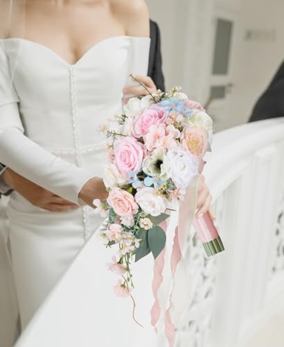 Blush Pink Wedding Bouquets for Bride,10 Inch Fake Cascading Bridal Bouquet Silk Faux Flowers for Ceremony Anniversary Wedding Bridal Shower(Light Pink) - color: Light Pink