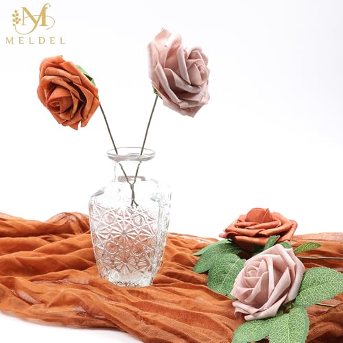 Artificial Flowers 25 Pack Burnt Orange Faux Foam Roses with Stems, Real Looking Fake Rose for DIY Wedding Bouquets, Bridal Shower Centerpieces, Party Table Decorations, Home Decor - color: Burnt Orange & Warm Taupe, size: 25Pcs
