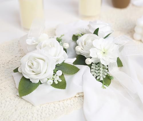 White Pearl Wedding Shoulder Corsage Artificial Flowers 2pcs Fake Rose Silk Wrist Flowers for Girl/Mother Homecoming/Prom Anniversary Corsages Wrist Decor (White Pearl) - color: White Pearl