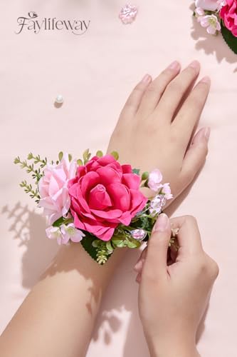 Rose Hot Pink Corsage and Boutonniere Set for Wedding Prom(Set of 2),Artificial Flower Wrist Corsage Bracelets for Women Homecoming,Boutonniere for Men Suit Decorations Party Anniversary - color: Hot Pink, size: 1 Corsage & 1 Boutonniere