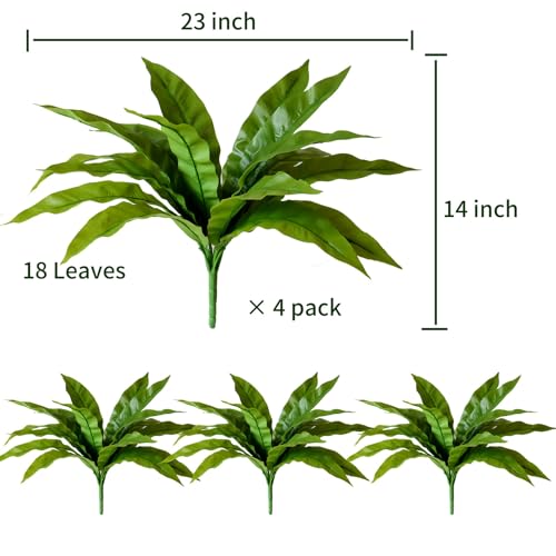 4 Pack Artificial Ferns Plants for Outdoors, UV Resistant, 23'' Outdoor Faux Bird Nest Fern with 72 Large Leaves, Realistic Fake Plant for Front Porch Pots Patio Hanging Planter Home