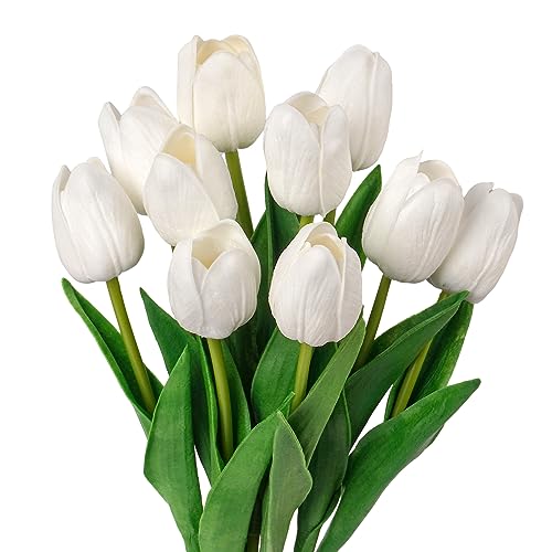 10Pcs White Fake Tulips Faux Tulips with Stems Artificial Flowers for Decoration White Fake Flowers Spring Bouquet for Home Decor Wedding Bridal Party - color: White