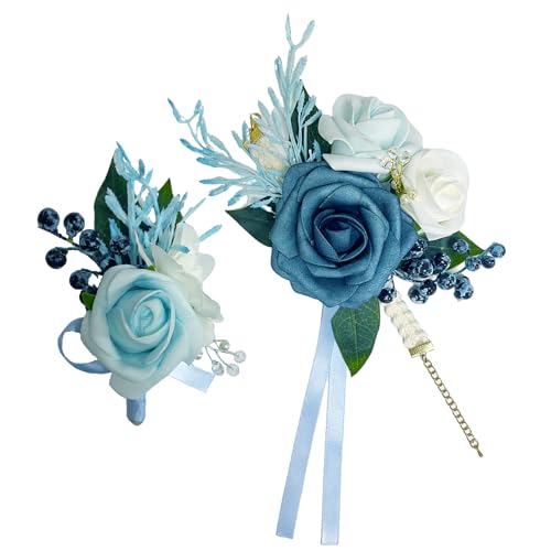Corsage and Boutonniere Set for Bride Groom Bridesmaids Groomsmen Wedding Homecoming Flowers Prom Suit Accessories, Rose Boutonniere and Wrist Corsage Flower - color: Blue