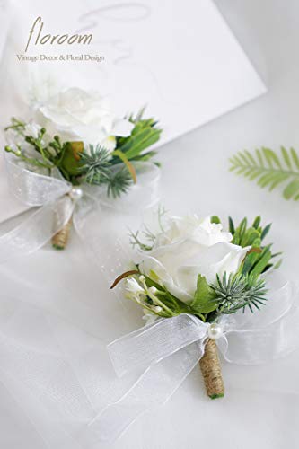 Floroom Ivory Rose Boutonnieres for Best Men Groom Groomsmen White Wedding Prom Set of 2 - color: 2 Boutonnieres